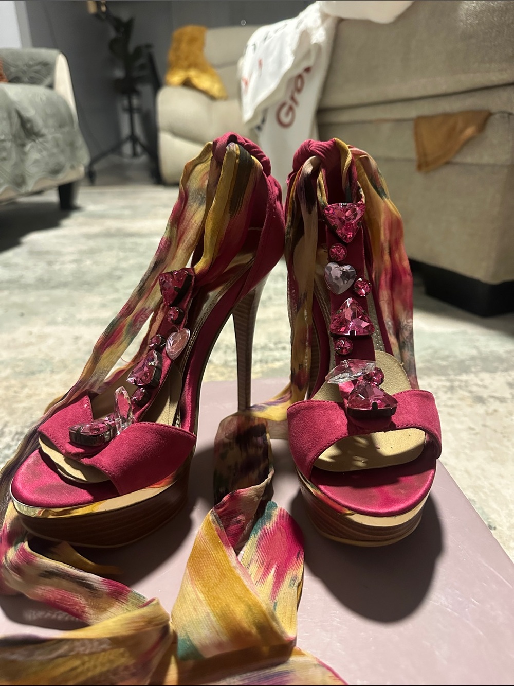 Bakers Fuchsia Jeweled Stiletto Sandals with Multicolor Chiffon Ties
